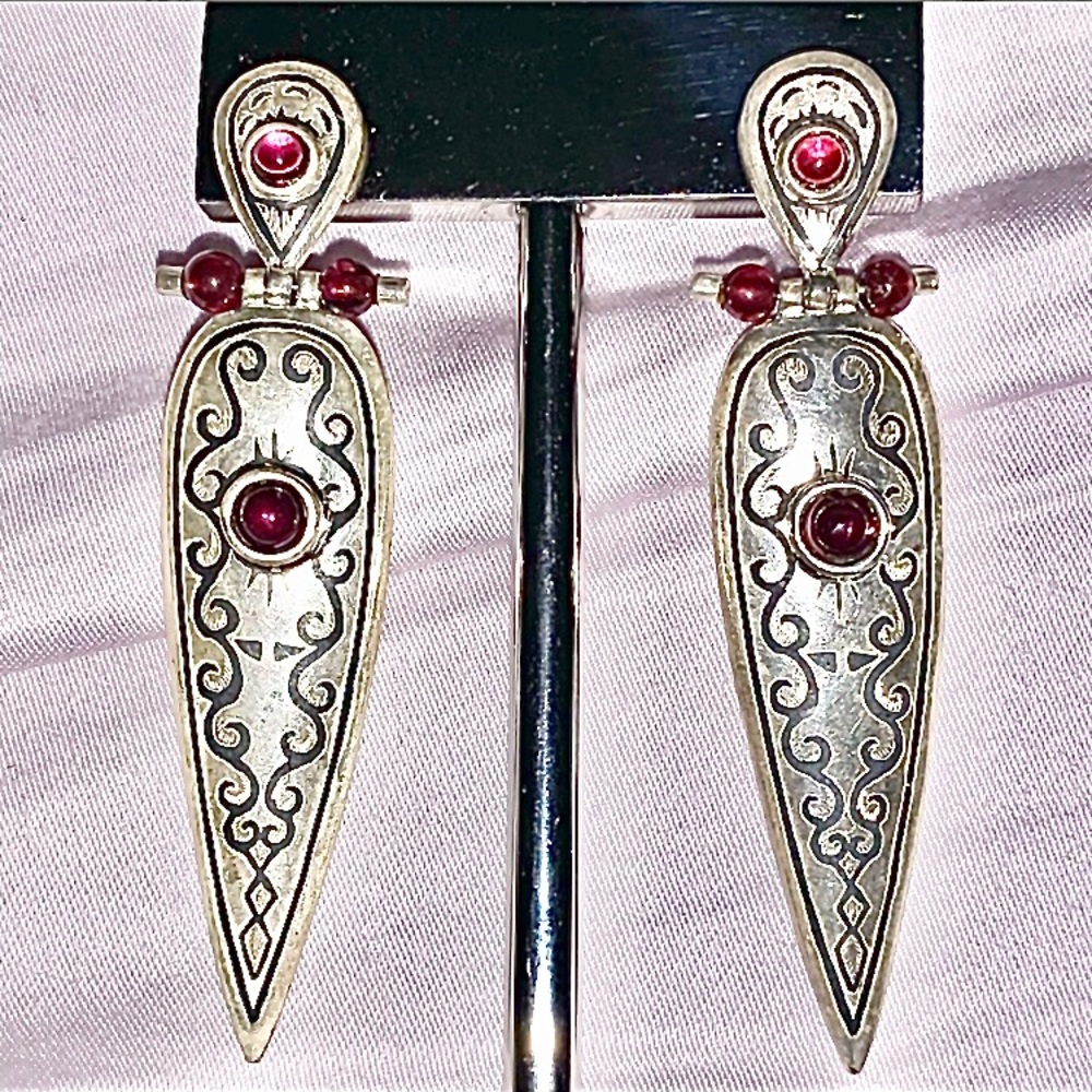 Edgy Garnet & Sterling Silver Shield Earrings